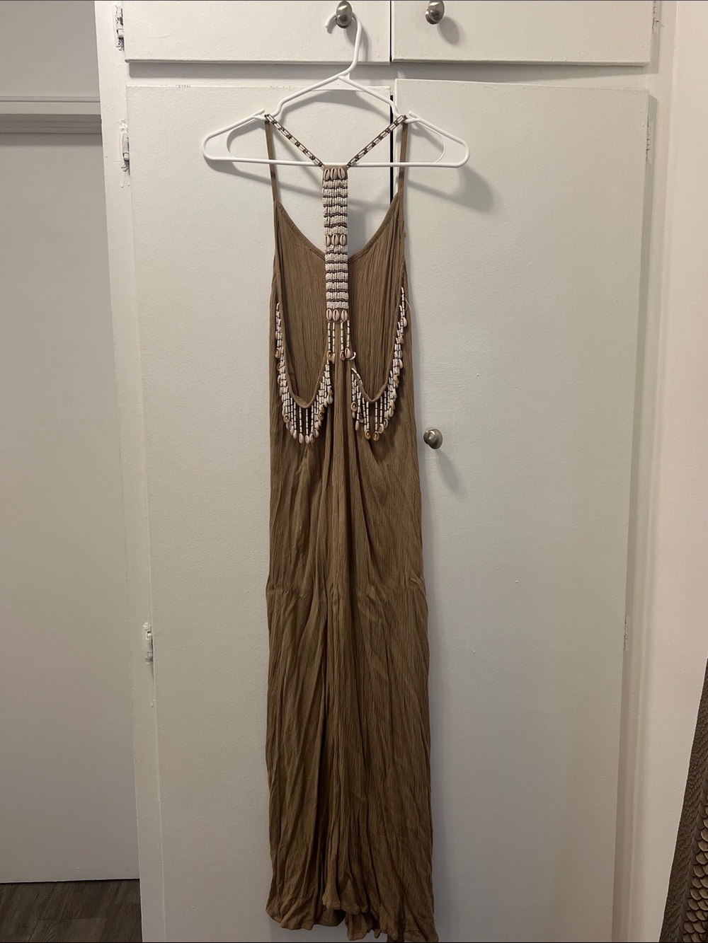 Boho Beaded Back-Strap Maxi Dress in Brown